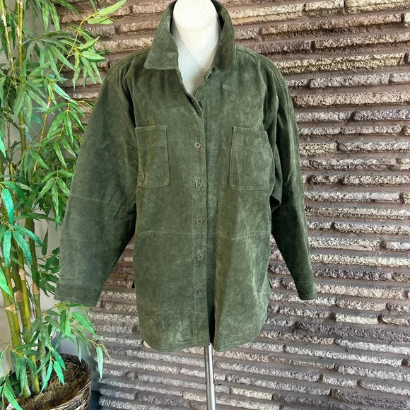 Denim & Co. Olive Green Suede Women's Shacket Heavy Shirt Lightweight Jacket - Picture 1 of 6